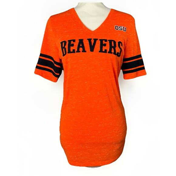 Oregon State University Beavers Women LG Orange Black Ringer Applique V-Neck OSU - Picture 1 of 4